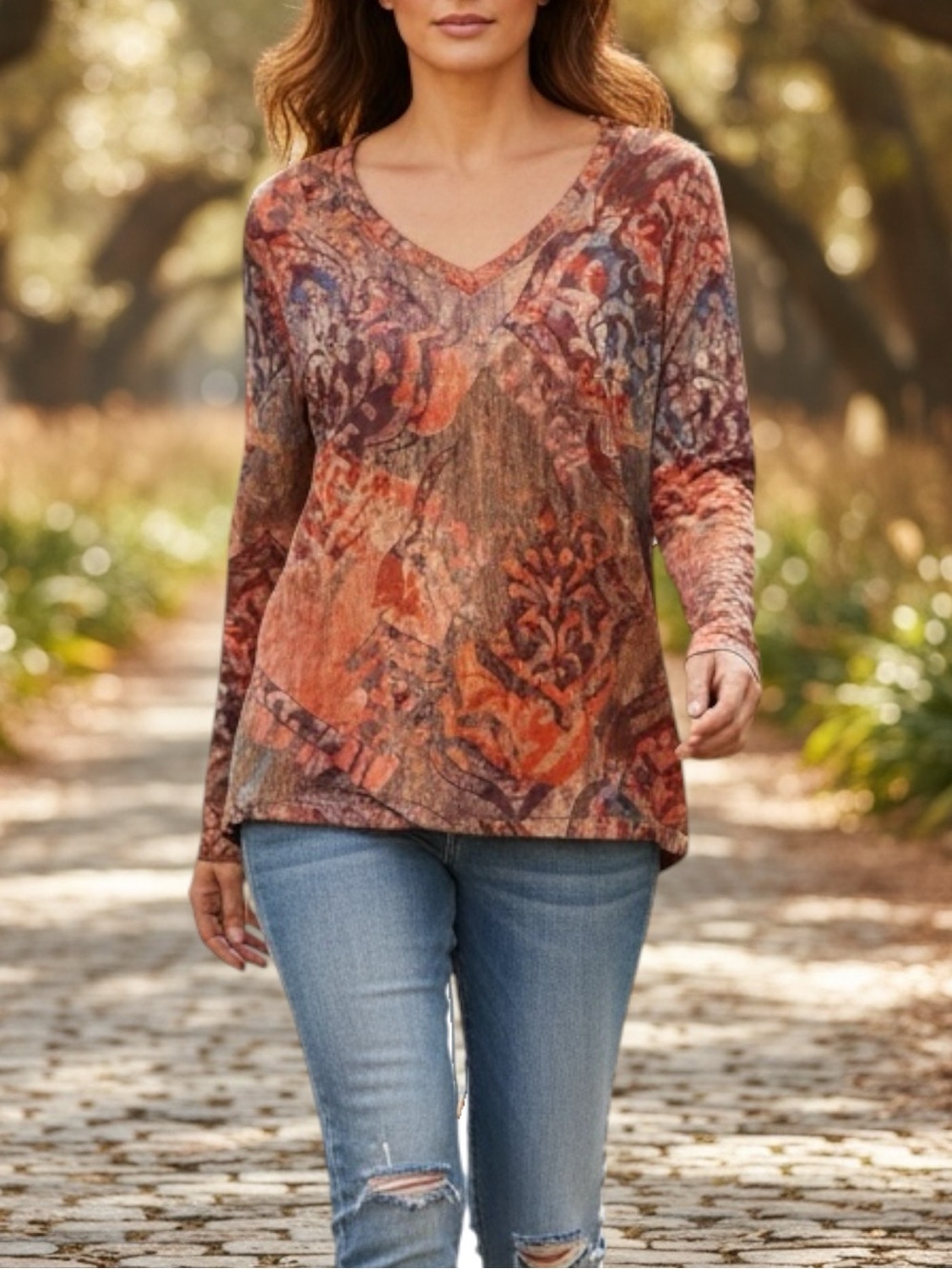 Soft Surroundings Artesia‎ Print Top Soft Button Back Detail Boho Earthy Size XS
